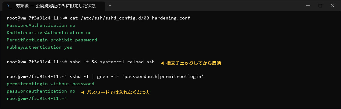 SSHのパスワード認証を無効化した状態