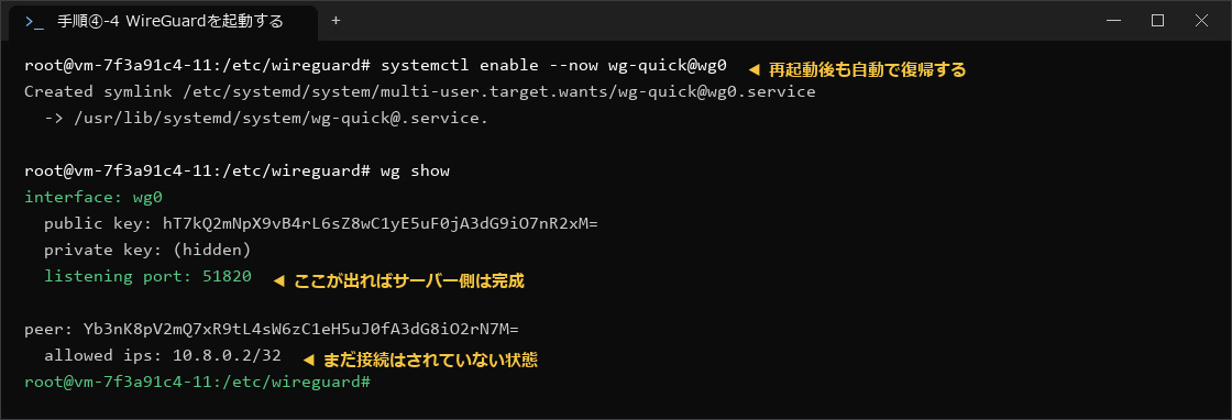 WireGuardを起動して状態を確認する