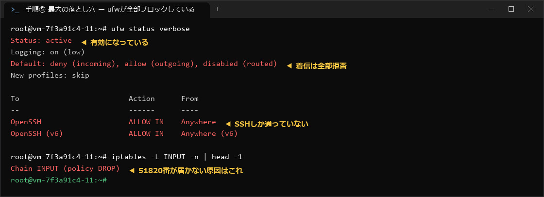 ufwがWireGuardの通信をブロックしている状態